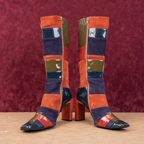 Jeffrey Campbell Wmn Patchwork Patent Leather Retro Vintage Zip Knee Boots sz 10 - Picture 2 of 11